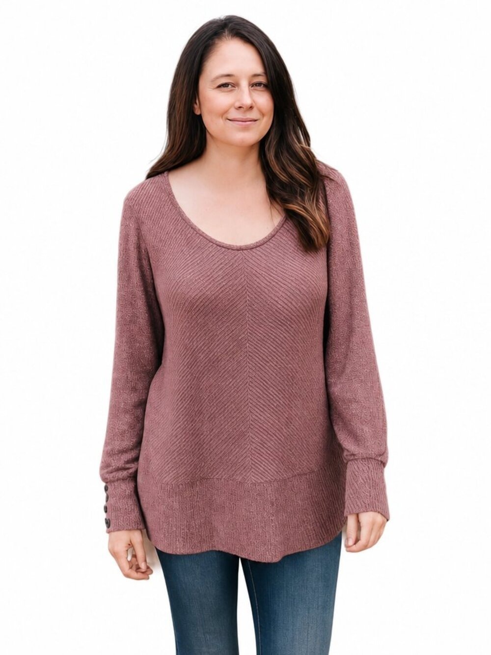Cato Mauve XL Sweater | Chevron Knit Crew Neck w/ Button Sleeve Detail